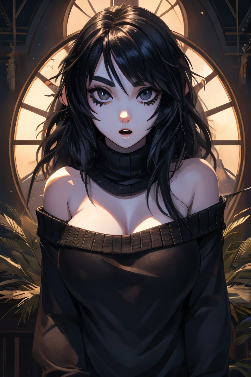 masterpiece, best quality, 1woman, adult, solo, long black hair, vibrant black eyes, looking at viewer, closed mouth, emo, Fantasy aesthetics, Highly detailed, off-shoulder sweater, absurd breasts, gigantic breasts, extremely large breasts.