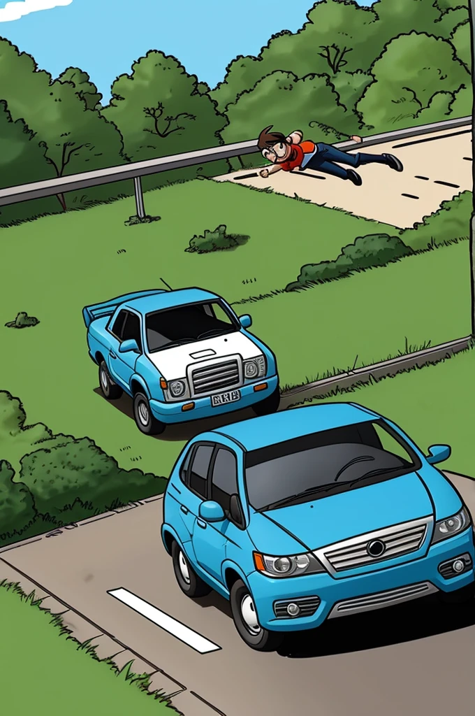 a cartoon meme kicking a car down a high ledge
