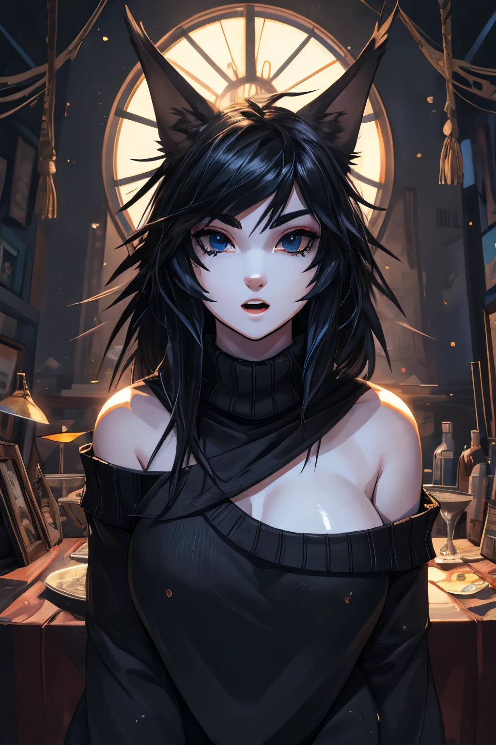 masterpiece, best quality, 1woman, adult, solo, long black hair, vibrant black eyes, looking at viewer, closed mouth, emo, Fantasy aesthetics, Highly detailed, off-shoulder sweater, absurd breasts, gigantic breasts, extremely large breasts.
