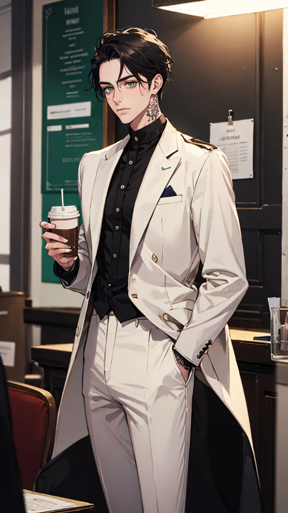 1 male, 25 years old British male, decisive, graceful, tattooed, emerald eyes, black hair, white suit, British gentleman, white pants, office president, standing
Holding a cup of coffee in his hand