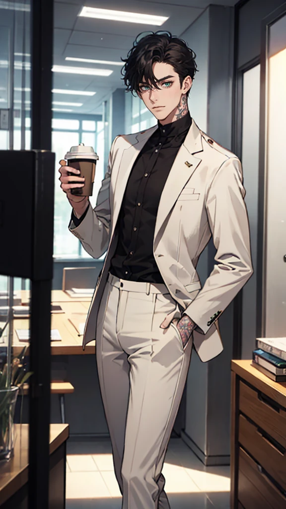 1 male, 25 years old British male, decisive, graceful, tattooed, emerald eyes, black hair, white suit, British gentleman, white pants, office president, standing
Holding a cup of coffee in his hand