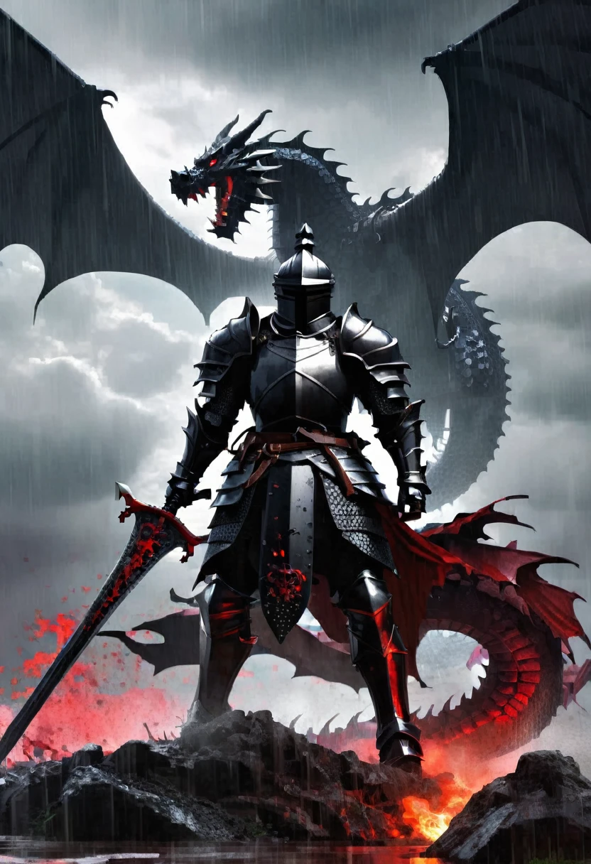 gothic black knight facing dragon, bloody, war, battlefield, smoking-background, rain, cloudly, storm