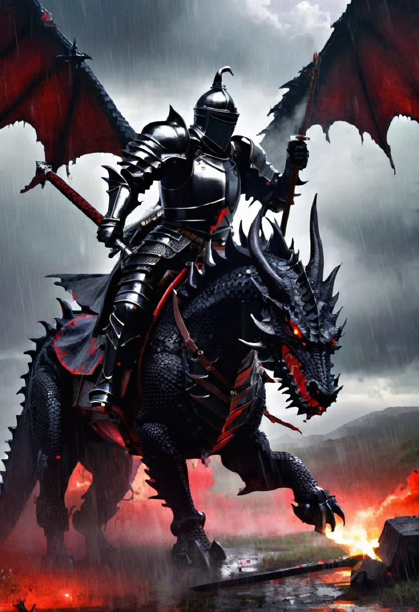gothic black knight facing dragon, bloody, war, battlefield, smoking-background, rain, cloudly, storm