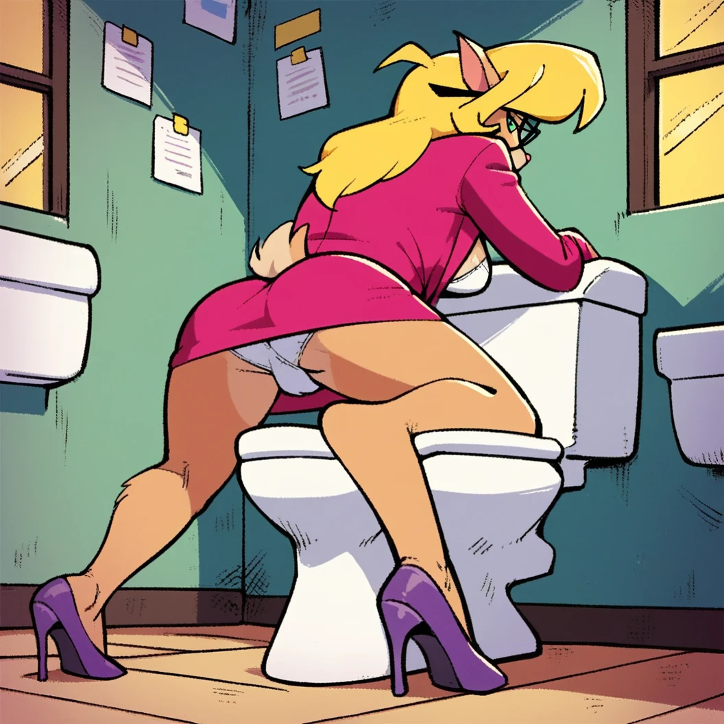 score_9, score_8_up, score_7_up, score_6_up, score_5_up, score_4_up, (Source furry), (rating nsfw), 1girl solo, portapotty, sitting down, glasses, callie briggs, detailed, detailed fur, rear view, full view, legs, purple heels, white bra, sighing, thicc, hula skirt, interior, blonde hair, sexy, panties at feet, urination, toilet