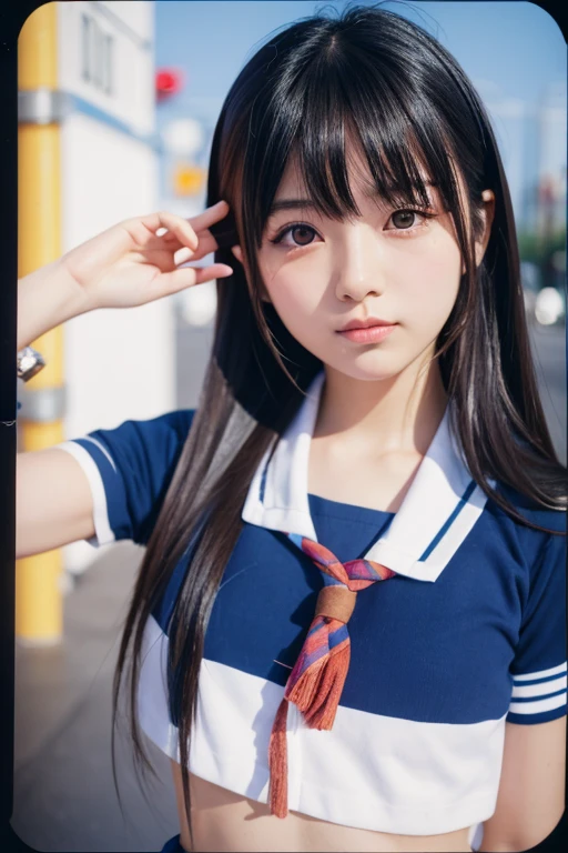 instax, snapshot, Realistic, Photography, jpop girl group's girl, Japanese-idol-face girl, A girl with a face like a beautiful anime cosplayer, 17-years-old, kawaii, Japanese sailor , black hair, straight hair, Lomography, blue and white, cinematic shot, dynamic pose, dynamic angle, in the style of y2k aesthetic