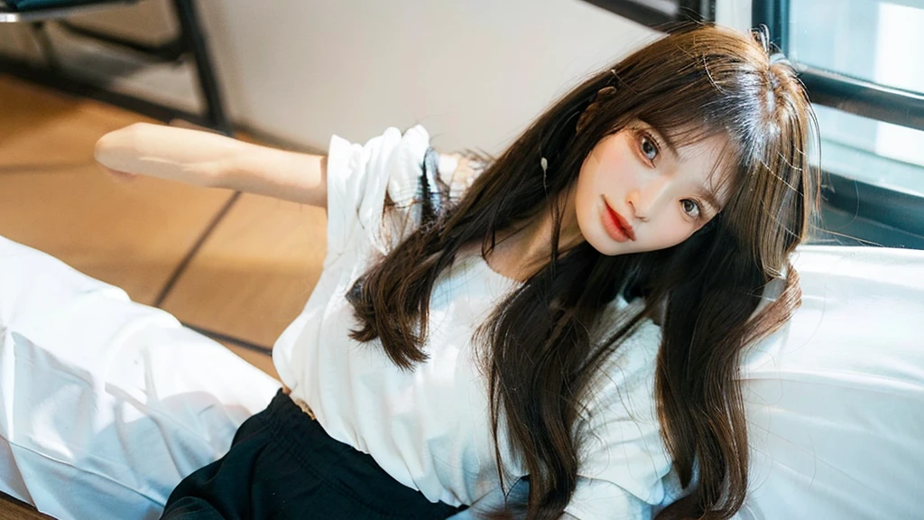 brown long hair,straight,Bangs,black shorts,white shirt,barelegged,longleg,Micromastia