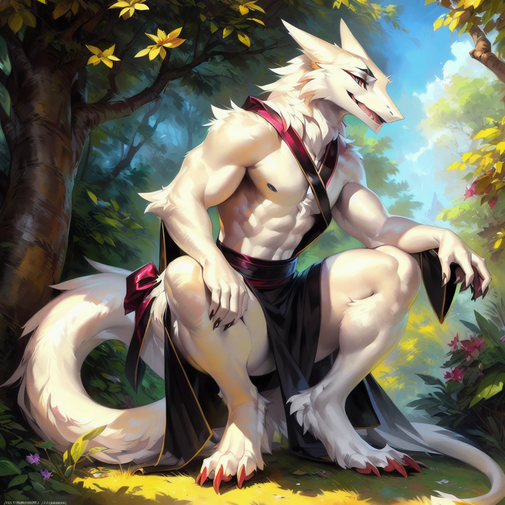A solo sergal squatting in a all black long japanese kimono in a angelic style (very elegant) ((male)) (muscles)((black and white)) ((male) (anthro) ([sergal])), hi res, photorealism, soft shading, (detailed fur: 1.1), happy looking, (legs), (solo: 1.1), ),, tail raised, ((beautiful) eyes: 1.1), (detailed eyes: 1.1), (detailed), (masterpiece: 1.2), (athletic), good anatomy, detailed face, (by Kenket), by Ross Tran, by Michael & Inessa Garmash, by Pino Daeni, by Kiguri,  by Alena Aenami, by Ruan Jia