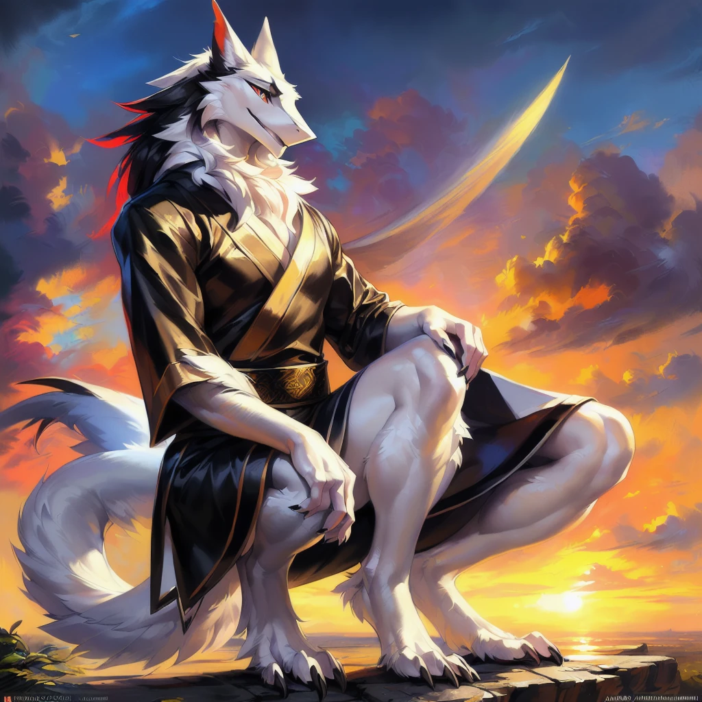 A solo sergal squatting in a all black long japanese kimono in a angelic style (very elegant) ((male)) (muscles)((black and white)) ((male) (anthro) ([sergal])), hi res, photorealism, soft shading, (detailed fur: 1.1), happy looking, (legs), (solo: 1.1), ),, tail raised, ((beautiful) eyes: 1.1), (detailed eyes: 1.1), (detailed), (masterpiece: 1.2), (athletic), good anatomy, detailed face, (by Kenket), by Ross Tran, by Michael & Inessa Garmash, by Pino Daeni, by Kiguri,  by Alena Aenami, by Ruan Jia