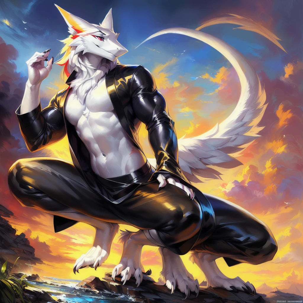 A solo sergal squatting in a all black long japanese kimono in a angelic style (very elegant) ((male)) (muscles)((black and white)) ((male) (anthro) ([sergal])), hi res, photorealism, soft shading, (detailed fur: 1.1), happy looking, (legs), (solo: 1.1), ),, tail raised, ((beautiful) eyes: 1.1), (detailed eyes: 1.1), (detailed), (masterpiece: 1.2), (athletic), good anatomy, detailed face, (by Kenket), by Ross Tran, by Michael & Inessa Garmash, by Pino Daeni, by Kiguri,  by Alena Aenami, by Ruan Jia