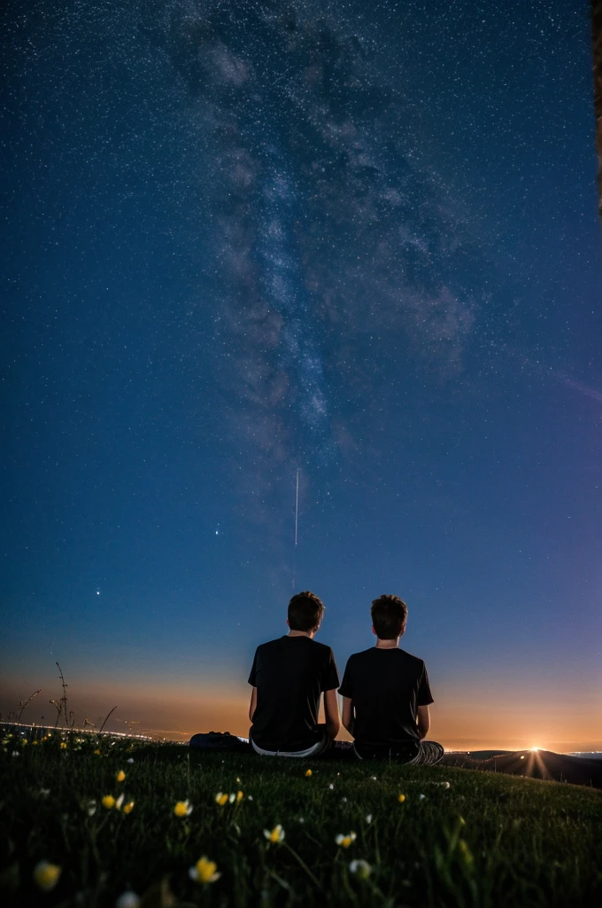 Two teenage boys sitting on a hill overlooking the sky on a calm spring night