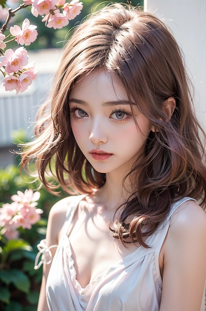 Light pink hair, pink eyes, pink and white, sakura leafs, vivid colors, white dress, paint splash, simple background, ray tracing, wavy hair