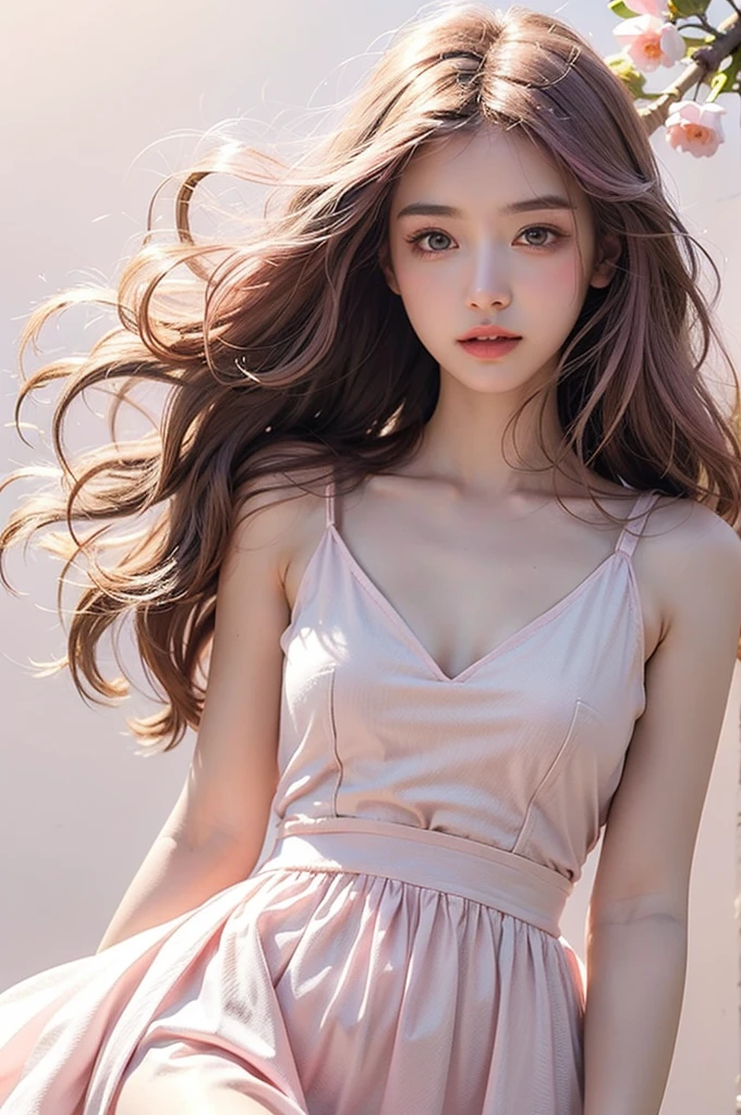 Light pink hair, pink eyes, pink and white, sakura leafs, vivid colors, white dress, paint splash, simple background, ray tracing, wavy hair