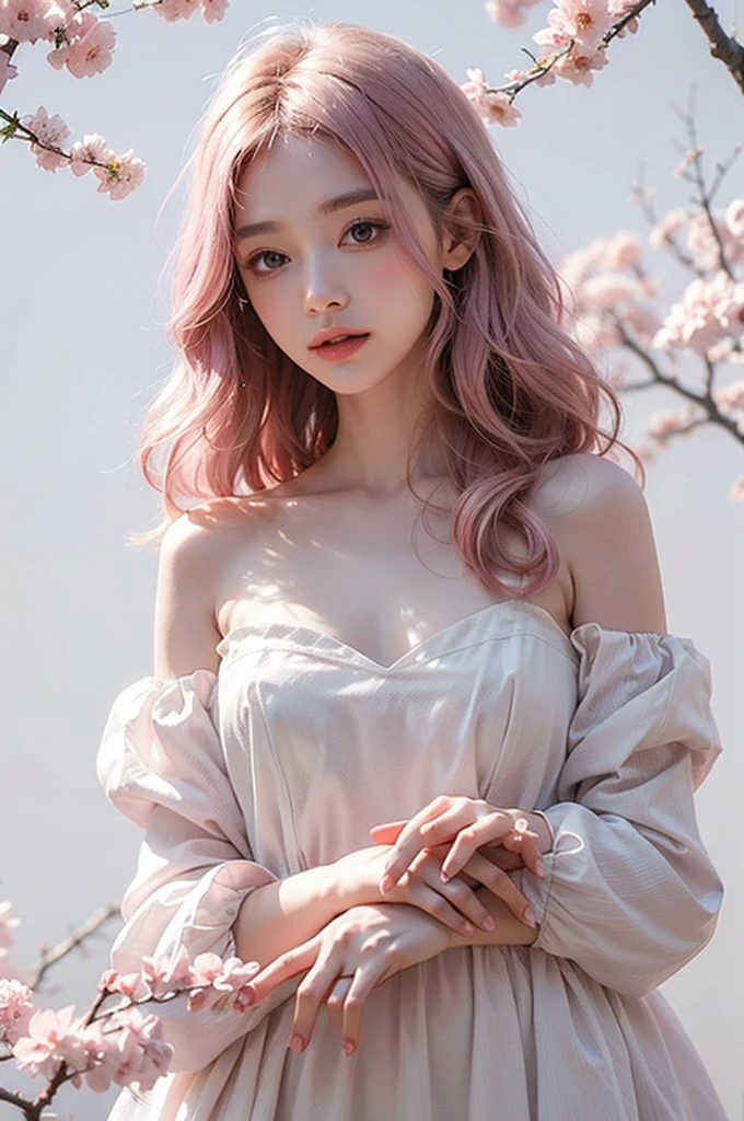 Light pink hair, pink eyes, pink and white, sakura leafs, vivid colors, white dress, paint splash, simple background, ray tracing, wavy hair