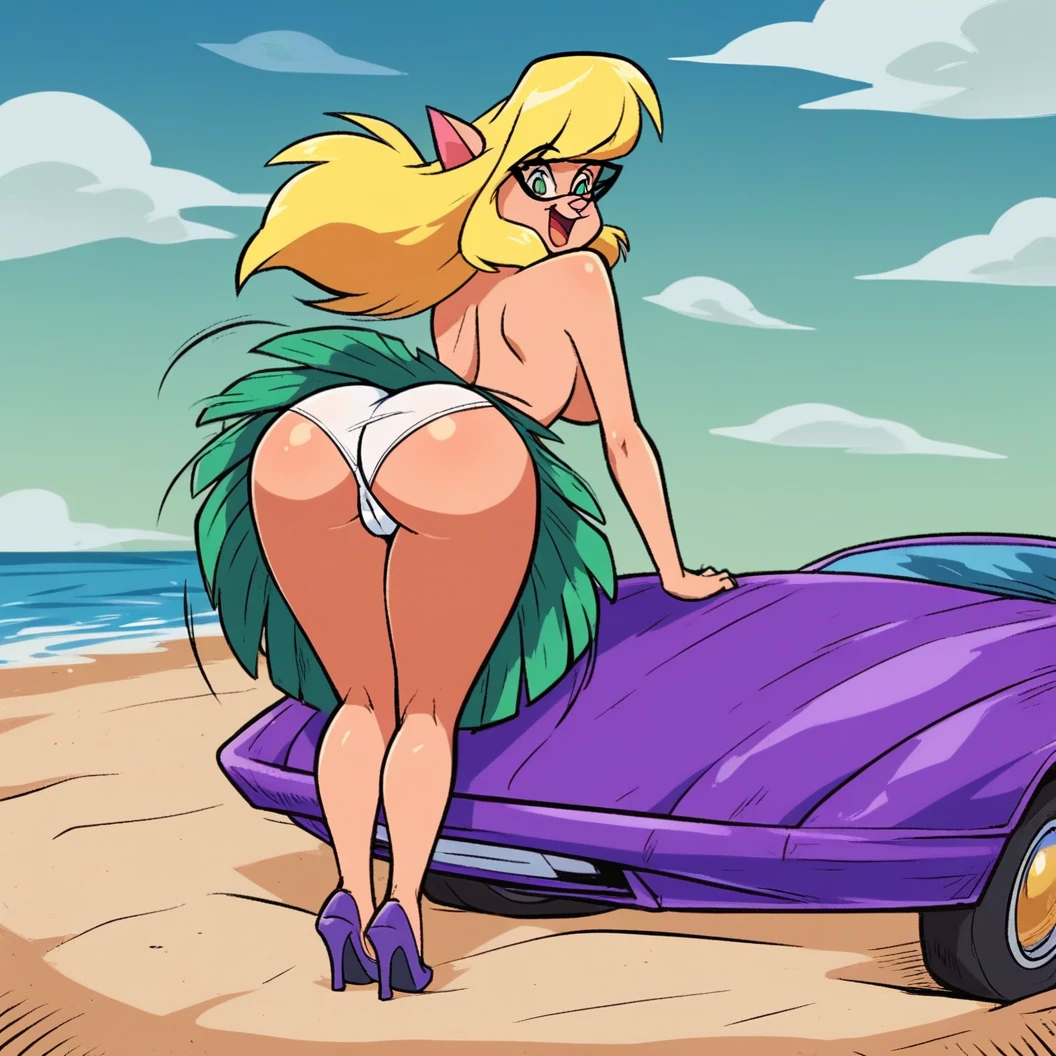 score_9, score_8_up, score_7_up, score_6_up, score_5_up, score_4_up, (Source furry), (rating nsfw), 1girl solo, outdoors, beachfront, looking at viewer, glasses, callie briggs, detailed, detailed fur, rear view, topless, standing, wiggling her bottom, full view, legs, purple heels, white , hula dance, big butt, t, hula skirt, beach, blonde hair, twerking, sexy, head ned to viewer, panties at feehole, vagina