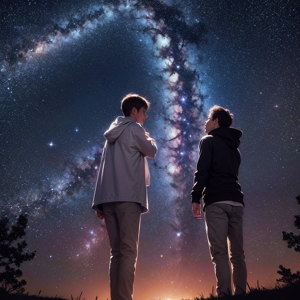 two eyes, one looking at the night sky and the other looking at the most beautiful image of outer space, with nebulae, galaxies and lots of stars 