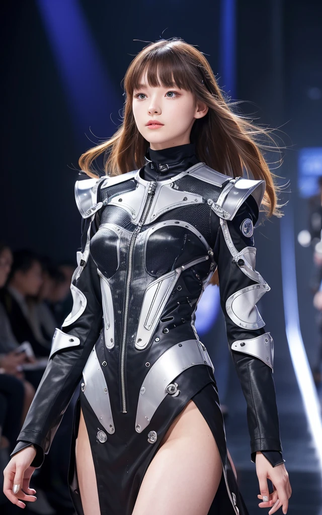 Robot Fashion: Clothing that incorporates robot technology。Dresses with mechanical arms and moving parts、A jacket that changes shape with your movements。A design characterized by metallic texture and shining lines。。The background is the gorgeous runway of Paris Fashion Week。