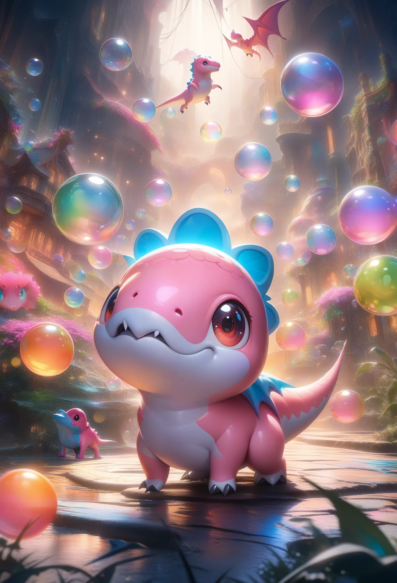 chibi pink dinosaur, mini fangs, cute, adorable, bubble bobble, mini dinosaur, extremely detailed, ultra-detailed, HDR, studio lighting, ultra-fine painting,sharp focus, physically-based rendering,extreme detail description, professional, vivid colors, bokeh, fantasy, whimsical, magical, playful, cartoon style, soft lighting, pastel colors, bubbles
