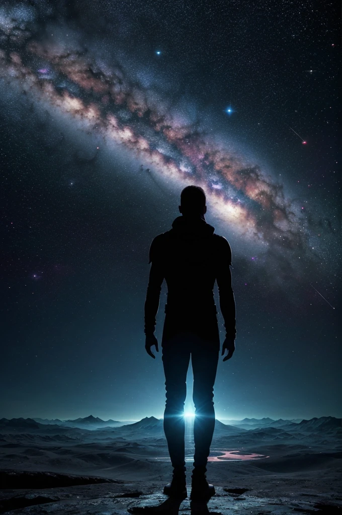 Here is a prompt for an image generator for a book cover with the title "THE UNIVERSE WITHOUT TIME":
**Background:**
* Deep space nebula with swirling colors (blues, purples, pinks)
**Foreground:**
* A lone human figure (silhouette) facing the viewer, gazing upwards
* In the distance, silhouettes of various alien creatures from different species
* A faint, swirling vortex representing the Big Bang in the background
**Text:**
* Title: "THE UNIVERSE WITHOUT TIME" in a bold, futuristic font with a slight glow
**Additional elements:**
* Scattered throughout the background, include faint ruins or structures hinting at ancient civilizations from different eras
* Consider including a subtle clock face shattering or dissolving, symbolizing the absence of time
**Style:**
* Blend of realism and fantasy, with a focus on a sense of awe and mystery
**Optional details:**
* You can experiment with the position of the human figure - standing on a desolate planet, floating in space, etc.
* Feel free to add a few stars or celestial bodies for depth.
**Remember:**
* Emphasize the vastness of space and the contrast between the human and
This prompt should give the image generator a good starting point to create a visually stunning and thought-provoking book cover for "The Universe Without Time."
