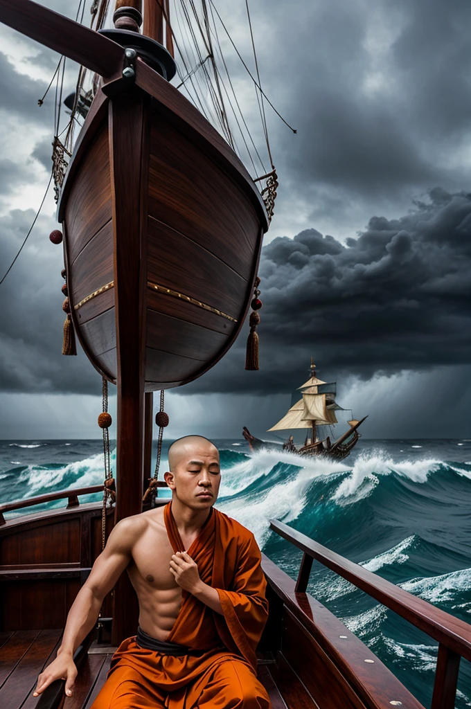 An asian monk wearing traditional clothes mediating eyes closed atop a Viking longship in the stormy seas.