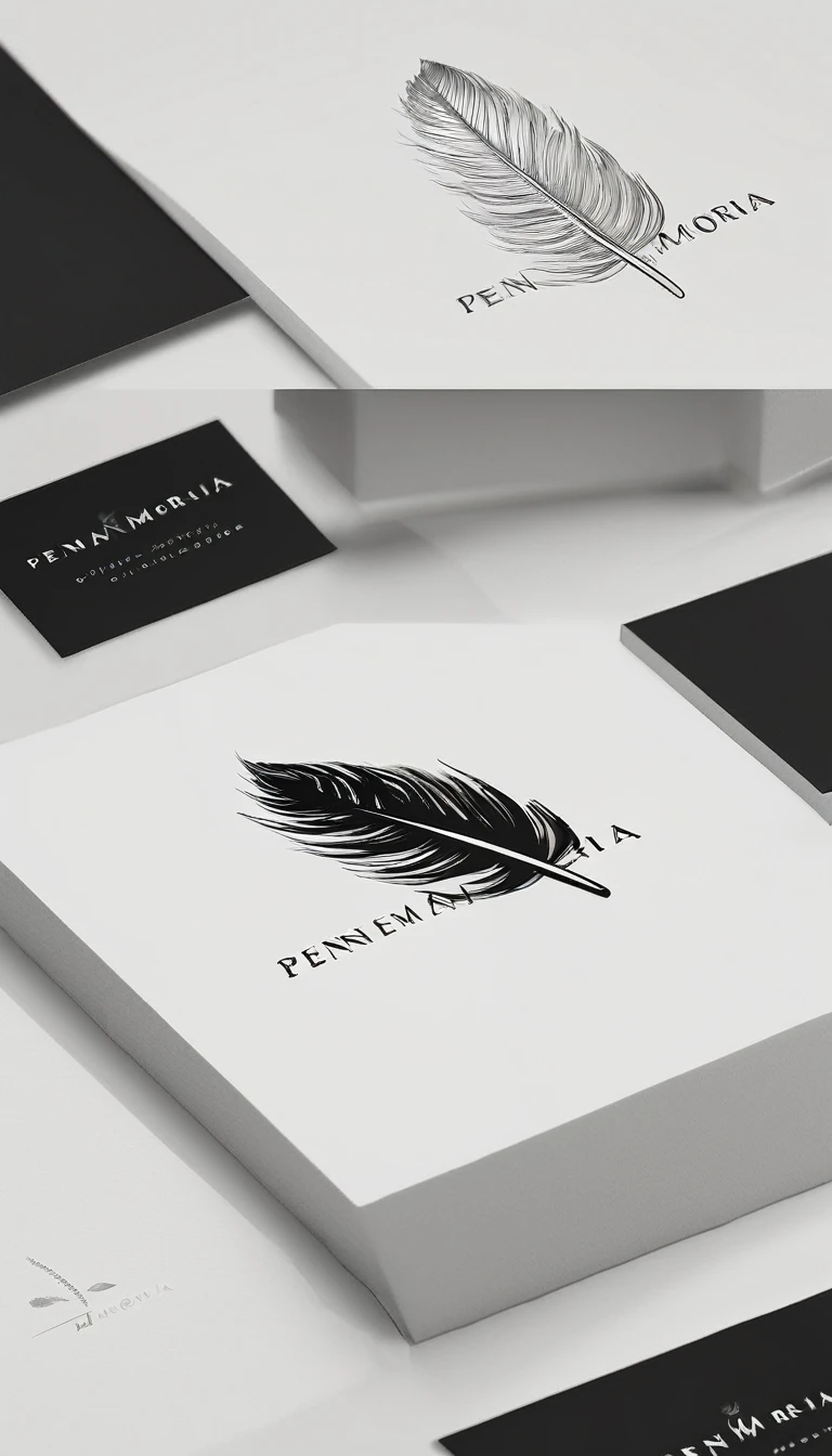 A minimal, modern, simple, cinematic logo design for the brand “Penamemoria". Create a modern, minimalistic, high-quality, logo of a bird feather
