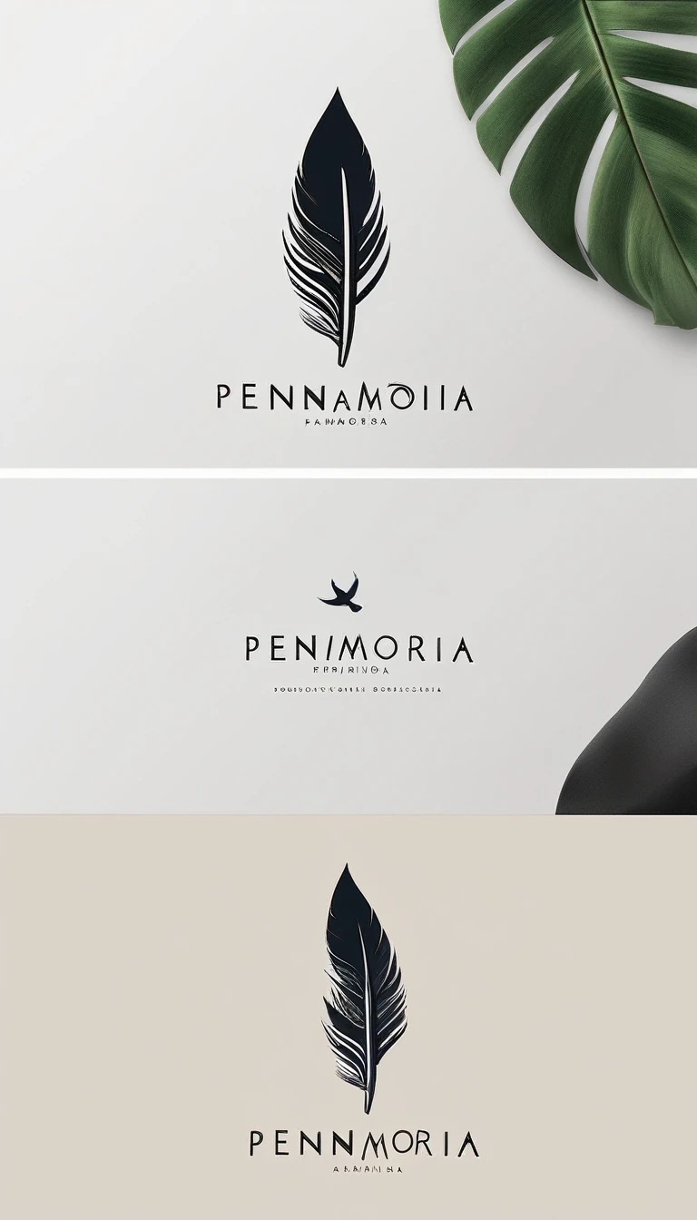 A minimal, modern, simple, cinematic logo design for the brand “Penamemoria". Create a modern, minimalistic, high-quality, logo of a bird feather
