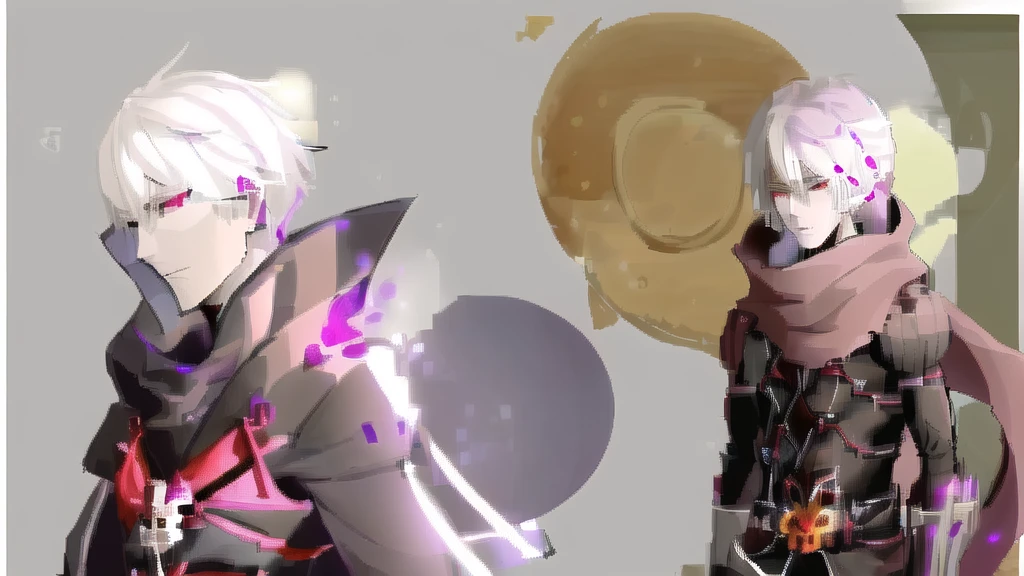 Guillotine Cross 1 คน, white hair, purple eyes, Hand holding a scientific flask, Moderate breath , Black robe, scarf, science laboratory background, medicine stall, ขวดทดลอง Potions , Clear Red Crystal Potions Skull Shaped Test Bottle, light particles, Magical light, daytime