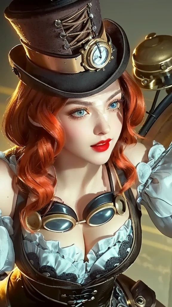 a close up portrait of a woman with a top hat and a cane, steampunk style, intricate details, highly detailed face, porcelain skin, beautiful eyes, long eyelashes, full red lips, victorian fashion, corset, lace, gears, mechanical elements, industrial background, warm lighting, dramatic shadows, cinematic, photorealistic, 8K, high resolution, concept art