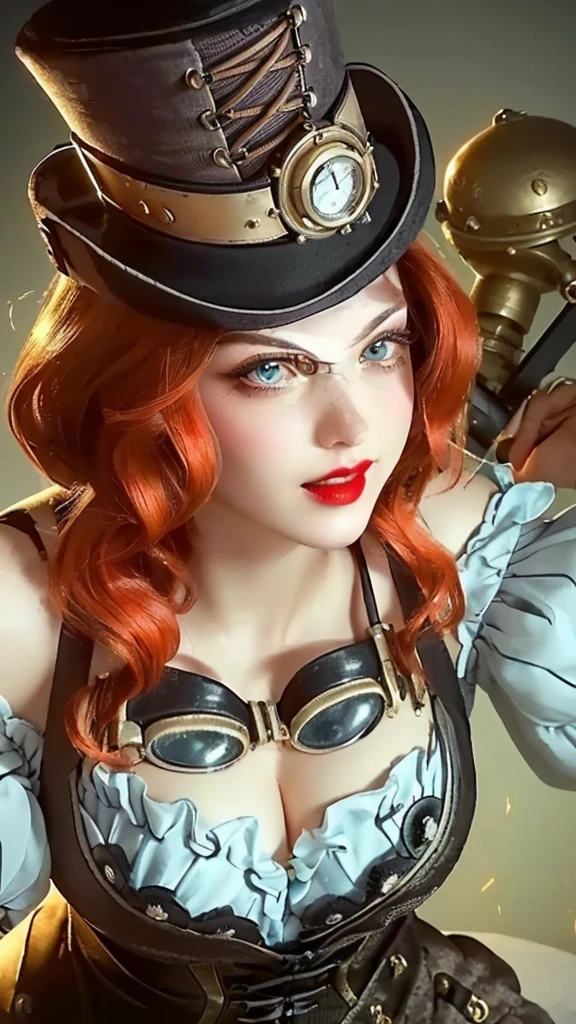 a close up portrait of a woman with a top hat and a cane, steampunk style, intricate details, highly detailed face, porcelain skin, beautiful eyes, long eyelashes, full red lips, victorian fashion, corset, lace, gears, mechanical elements, industrial background, warm lighting, dramatic shadows, cinematic, photorealistic, 8K, high resolution, concept art