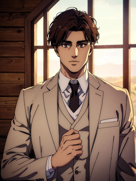 best quality,4k,8k,highres,masterpiece:1.2),ultra-detailed,(realistic,photorealistic,photo-realistic:1.37), a young man , mappa art style, heart-shaped face with sharp jawline, brown almond-shaped eyes with positive canthal tilt , dark brown hair color, his hair is short unique well styled , he looks handsome, he is fair, he has well built body, he is wearing white colour wedding three piece suit, he is slightly smiling, vibrant color, behind him a cabin