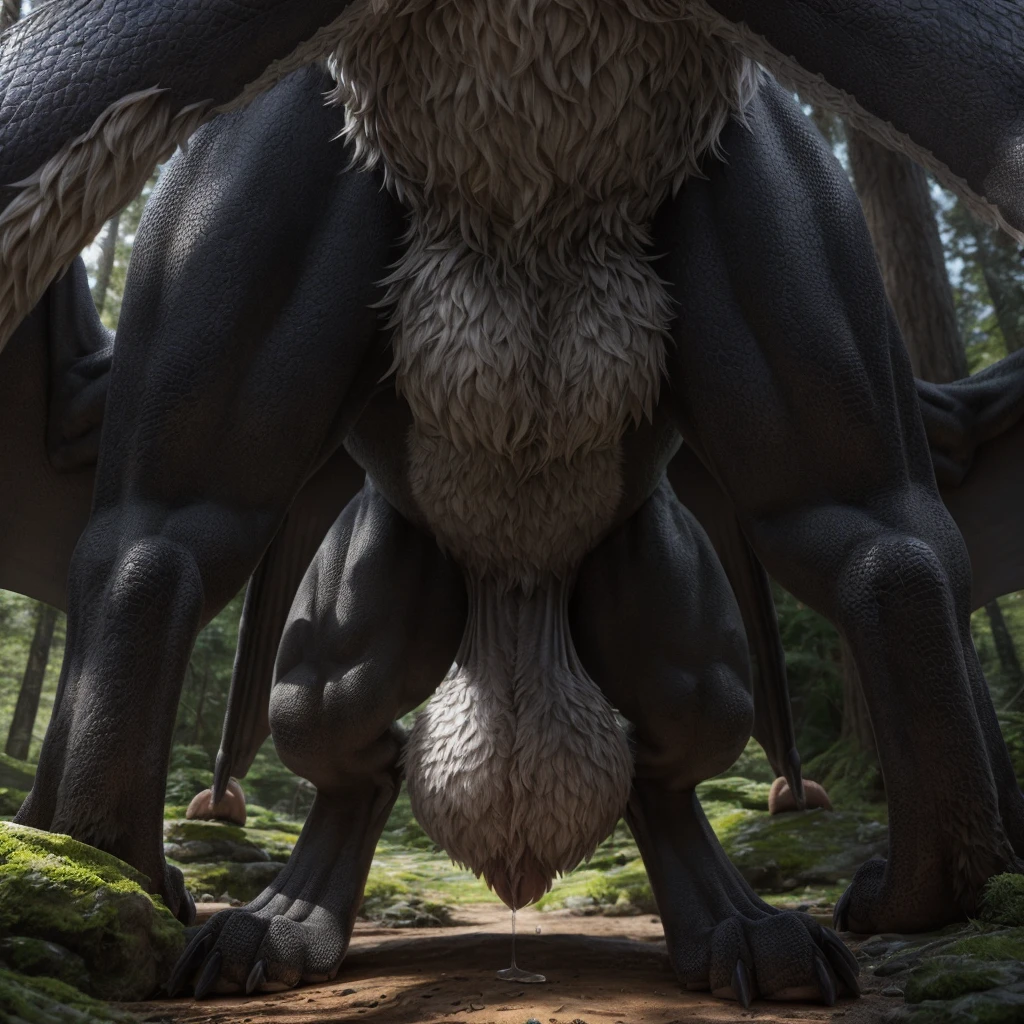 feral furred dragon, forest, high resoultion, realistic, 4k, upscales, high detail, realistic fur, fluffy, shaggy, delicate fur, green eyes, thin cock, hyper balls, saggy balls, presenting penis, standing, long thick tail, digitigrade paws, bedroom eyes, smug look, detailed eyes, white sclera, perfect pupil, peeking at viewer, big eyes, precum dripping from cock, black fur, black body, furry balls, fur tuft on balls, dragon wings, dragon face, furry chest, furry arms, furry legs, leaning forward, face up close, 4 paws