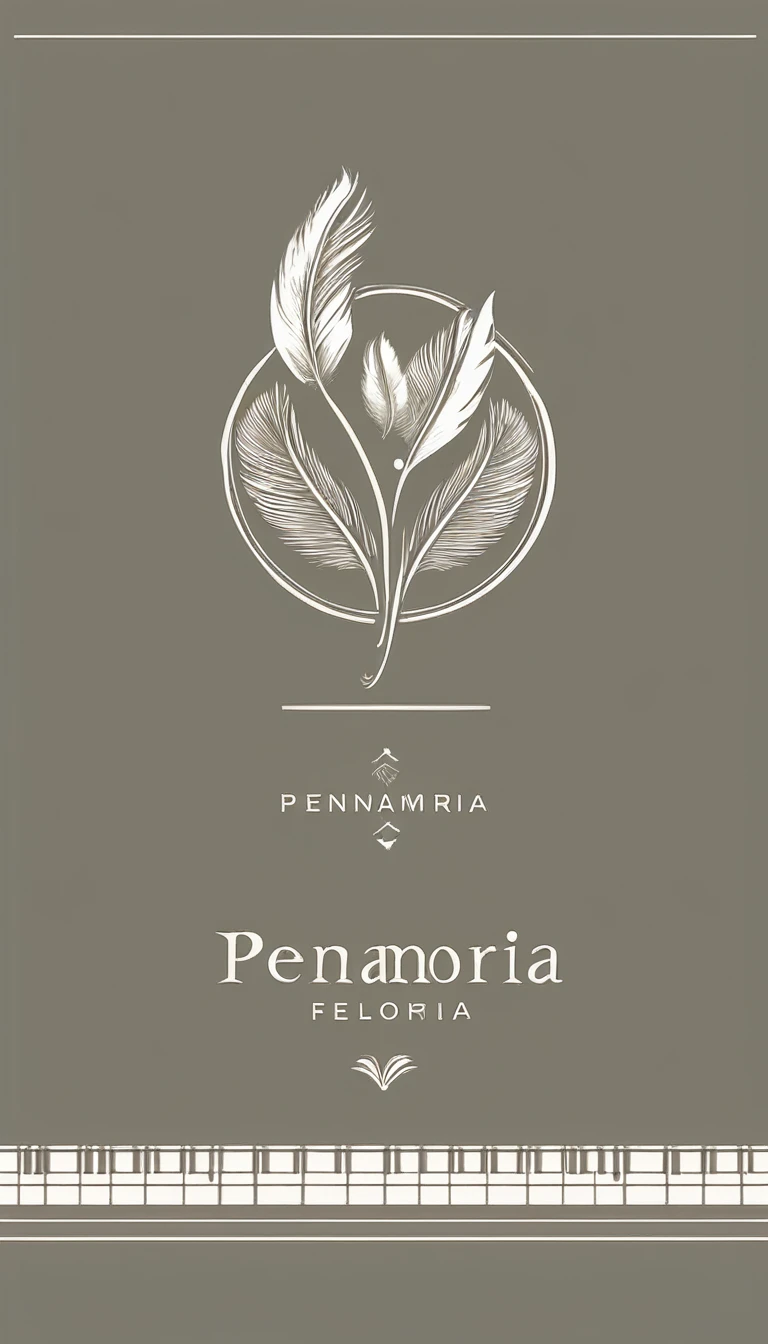 A minimal, modern, simple, cinematic logotype for the brand “Penamemoria". The logotype must be a simple, magical feather and a boy playing acoustic guitar. The logo must convey a sense of music, stories and dreams. Logo design impressed on a book cover. Minimalistic logo
