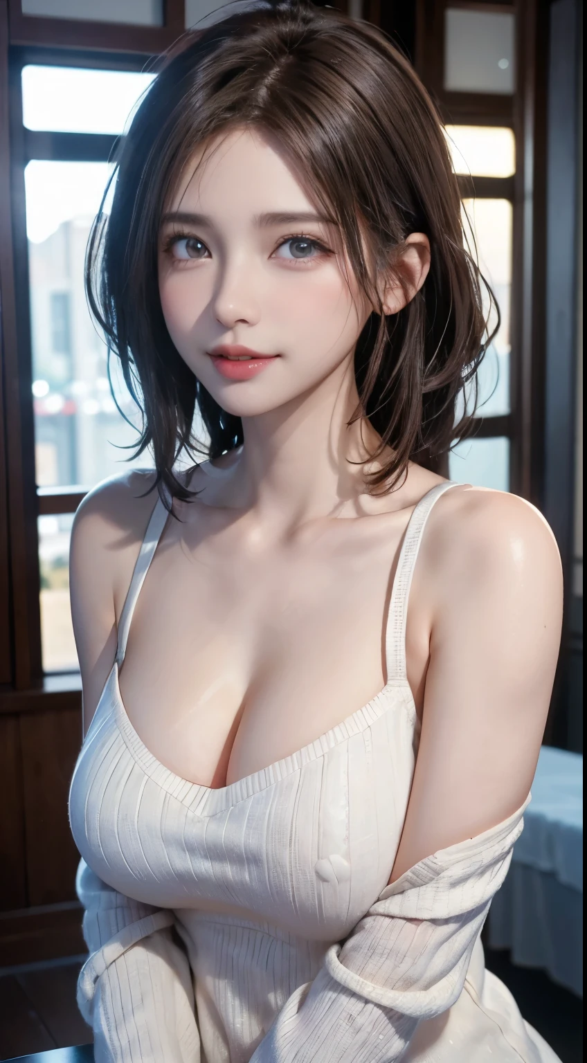(logo, masterpiece, 8K, Tabletop, RAW Photos, wonderful, 最high quality, Photorealistic and very detailed CG composite 8k wallpaper, high quality, Very detailed, Narrative poem, Particle Effects, Dynamic Effects, Depth of the Boundary, Cinematic Light, Lens flare, Ray Tracing), short hair beautiful young woman, Hair tied back, high detail skin, very fine, fine skin texture, beautiful face, realistic eyes, beautifully detailed eyes, realistic skin, beautiful skin, surreal, smiling eyes, Hair and light eyes, Vibrant, Colorful lights and bokeh. The lighting casts a warm glow on her face and hair, Blue glow, Water surface reflection, Creates a dreamy and magical atmosphere, Big Breasts, Brown Hair, short hair, plump lower lip, pink blush on the cheeks , pink lips, brown tight no-shoulder knit sweater