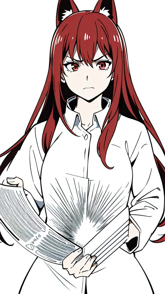 1girl ,20s,mature female,angry face,(red hair),long hair,fox ears,(white background, line drawing),fumizuki academy 
,((upper body))
