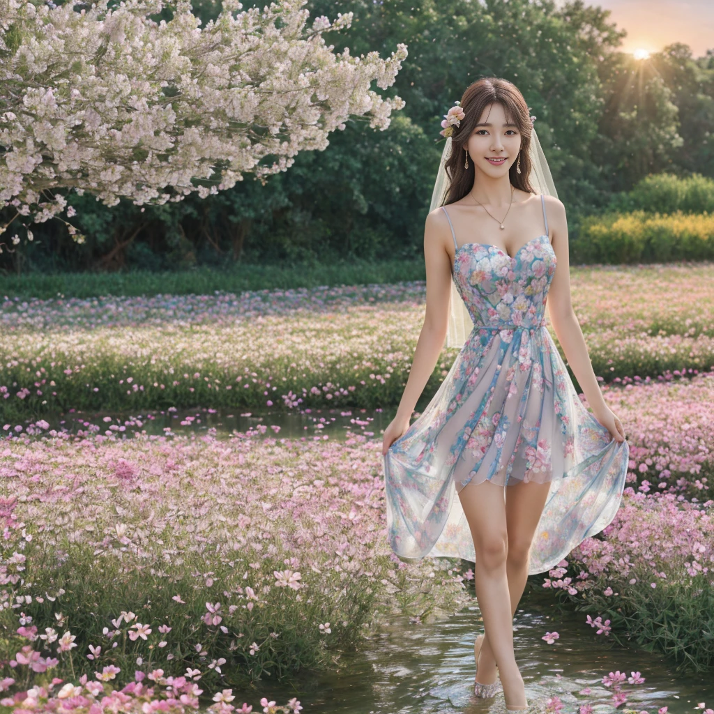 22 years Beautiful korean Girl, masterpiece, best quality, official art, extremely detailed CG unity 8k wallpaper, Ray Tracing, highly detailed, absurdres, Panorama, Depth of field, telephoto lens, angel, looking afar, looking to camera man, in spring, sunset, rainbow, (((flower field))), (((flower sea))), Tyndall effect, 100% Realistic, ((Realistic)), (paper figure),((impasto)),(shiny skin), (water color),bloom effect,detailed beautiful grassland with petal,flower,butterfly,necklace,smile,petal, ((Simple Sparkling A-Line Wedding Party Dresses Sweetheart Tulle Mini Homecoming Gown  Dress)), ((Dress Women Chic Floral Print Sleeveless Slim Korean Fashion Dress)), ((Hylee Floral Coquette Dress - XS)), Perfect body figure, Beautiful Smile, Cinematic photography, Sexy angles, Stylish poses, 4 Different poses, k , high resolution picture quality, very clear body figure, Flowers in hand, Flowers on Hair, Full body shot 