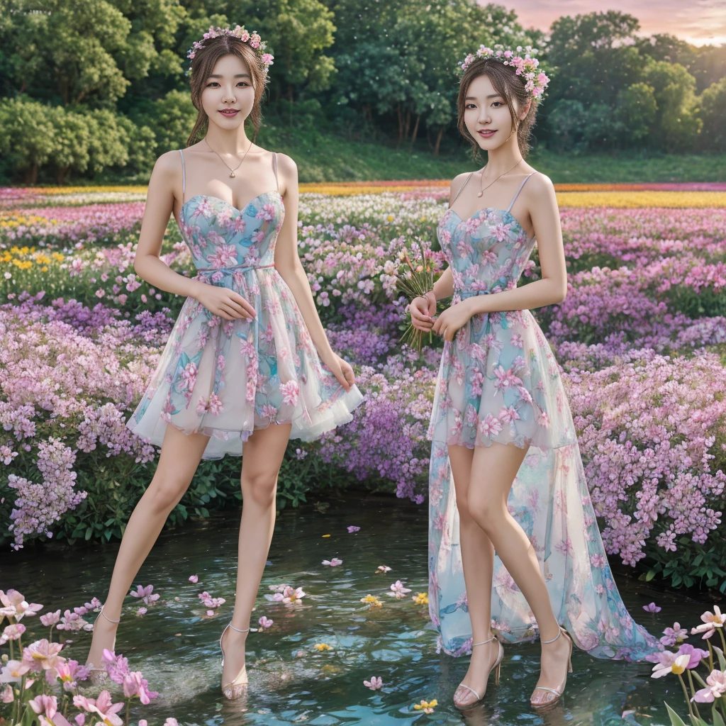 22 years Beautiful korean Girl, masterpiece, best quality, official art, extremely detailed CG unity 8k wallpaper, Ray Tracing, highly detailed, absurdres, Panorama, Depth of field, telephoto lens, angel, looking afar, looking to camera man, in spring, sunset, rainbow, (((flower field))), (((flower sea))), Tyndall effect, 100% Realistic, ((Realistic)), (paper figure),((impasto)),(shiny skin), (water color),bloom effect,detailed beautiful grassland with petal,flower,butterfly,necklace,smile,petal, ((Simple Sparkling A-Line Wedding Party Dresses Sweetheart Tulle Mini Homecoming Gown Dress)), ((Dress Women Chic Floral Print Sleeveless Slim Korean Fashion Dress)), ((Hylee Floral Coquette Dress - XS)), Perfect body figure, Beautiful Smile, Cinematic photography, Sexy angles, Stylish poses, 4 Different poses, k , high resolution picture quality, very clear body figure, Flowers in hand, Flowers on Hair, Full body shot