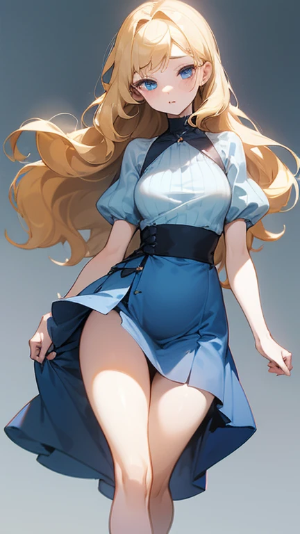 female character, 15 years, Pale and white skin, dark blue eyes, blonde hair, wavy and long, gorda, beautiful, simple light blue dress attached to the skin at the top, short loose skirt with kitten designs , fleshy breasts , small waist,Wide hips, tender position, Muslona, something provocative, YOUNG, gorda, obese