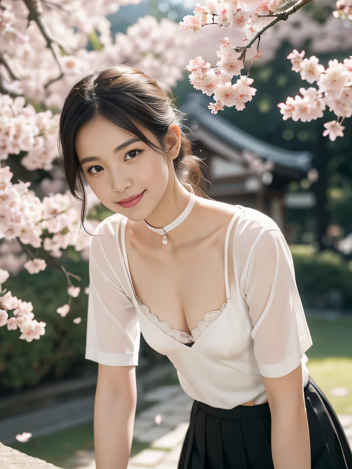 Droopwg collar, A white bra is slightly visible under the shirt,Lookwg down,Leanwg forward,(((A small valley is visible))),skirt,One girl, Lookwg_w_Audience, smile, Japan, Tokyo, Cherry Blossom, Octane Renderwg, 一人w, Very skwny, Black V-neck shirt ,A neat image,Mature Woman