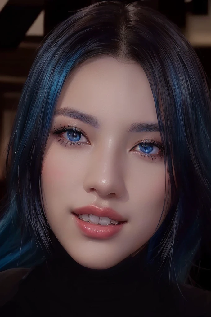There is a woman with blue hair and a black top, Asian girl detailed face, Photorealistic beautiful faces, Realistic digital painting, photoRealistic digital painting, Photorealistic Face, 8k art germany bokeh, Airbrush Digital Oil Painting, Surreal beautiful face, Photo-realistic faces, # The best digital paintings ever