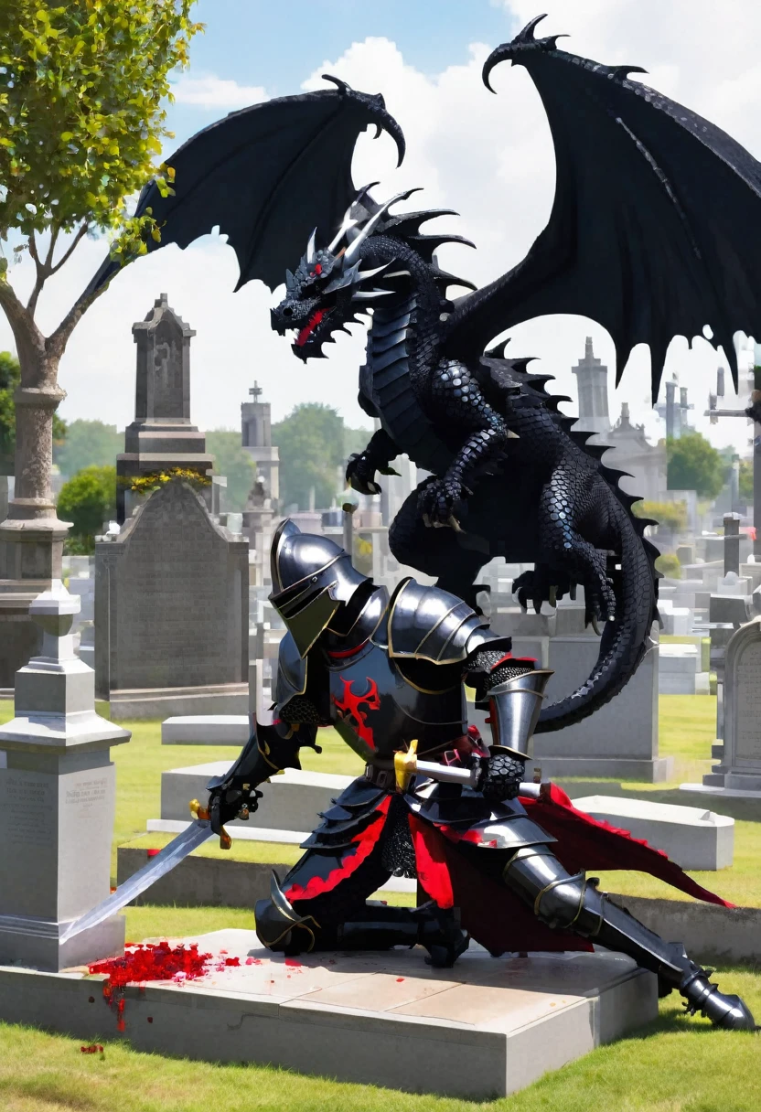 gothic black knight injured fight dragon in the cemetary