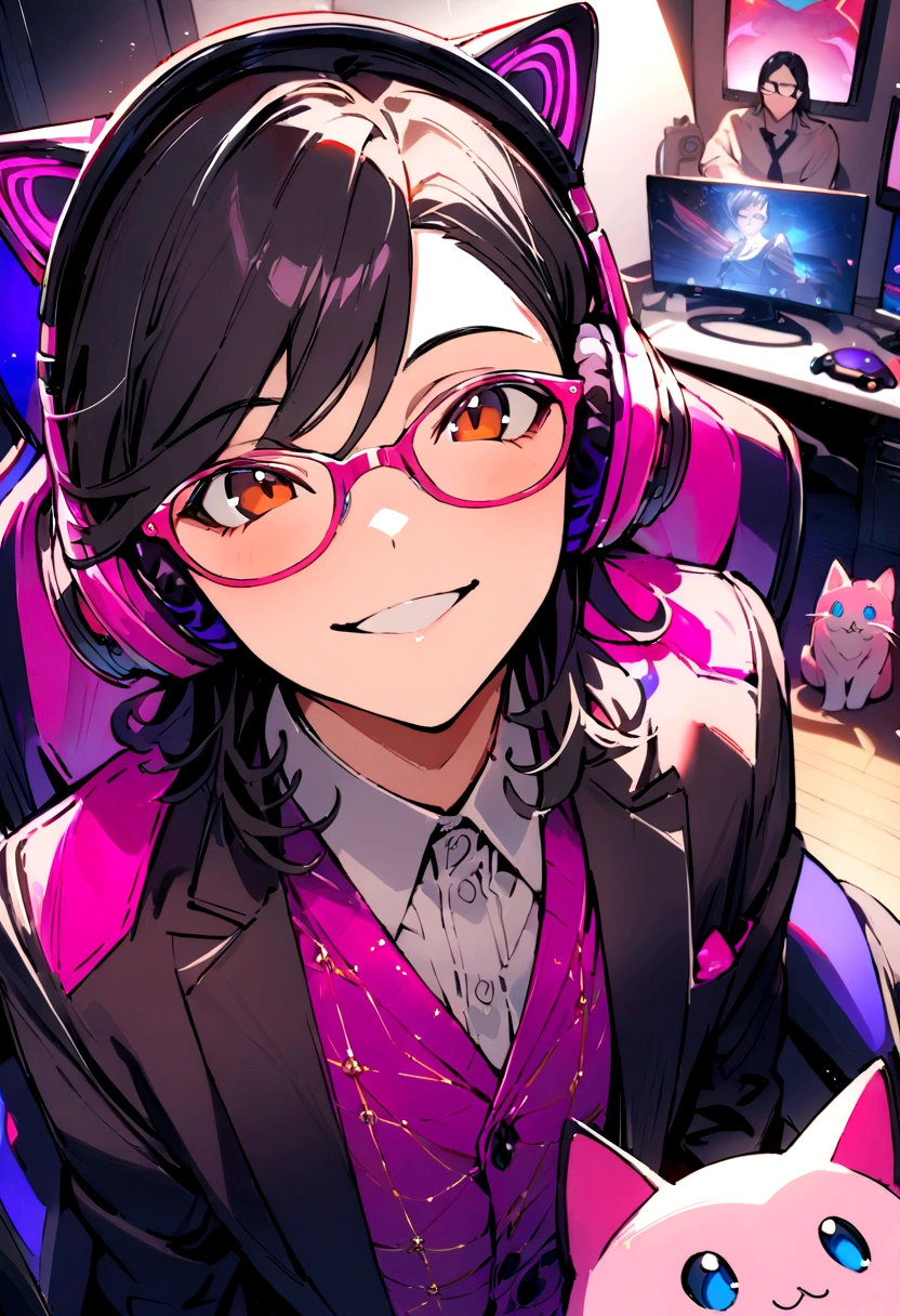 ((best quality)), ((masterpiece)), (detailed), a young man sitting in a gaming chair in front of a pc. Has black hair and brown eyes. Wearing glasses. Smiling. Looking up. Wearing pink cat ear headphones. Has a gaming bedroom in the background