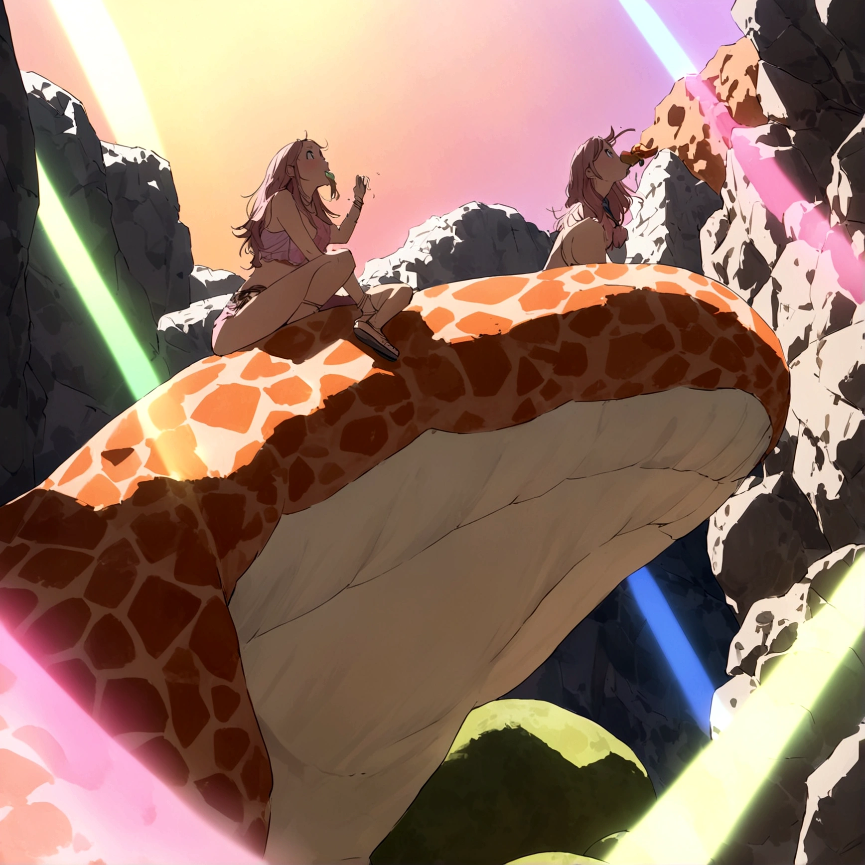 In the town of Bedrock, a pink brontosaurus acts like a crane on a construction site, a cave woman riding on the dinosaurs back directs its activity,. It is lifting and placing shaped boulders using its mouth
