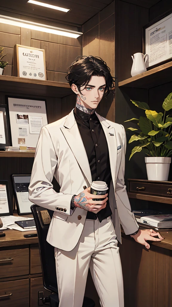 1 male, 25 years old British male, decisive, graceful, tattooed, emerald eyes, black hair, white suit, British gentleman, white pants, office president, standing
Holding a cup of coffee in his hand