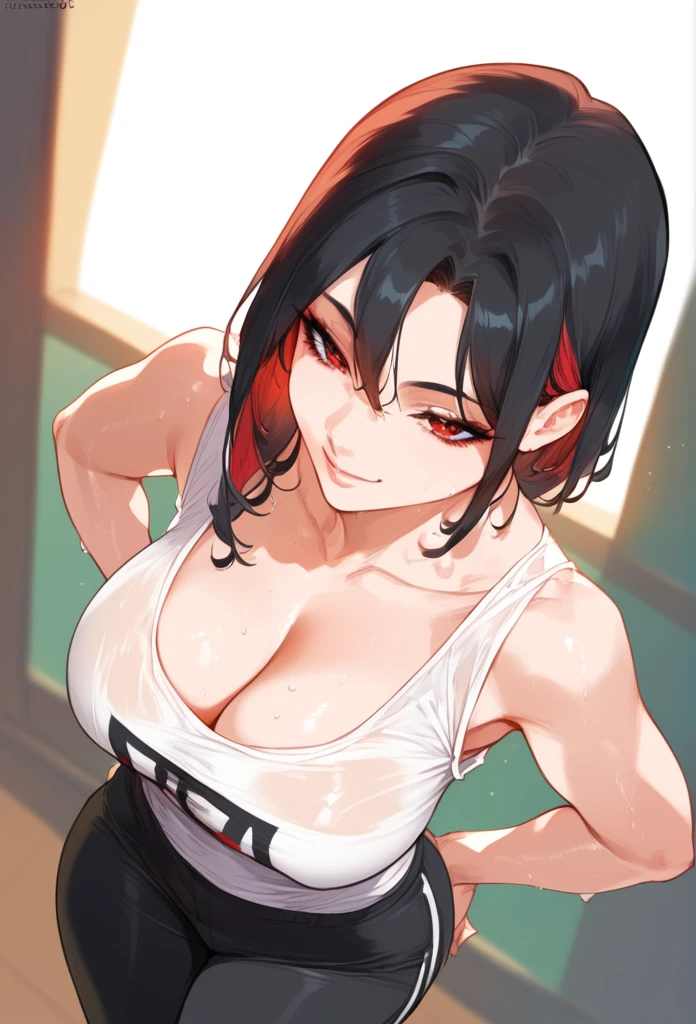 High above, mixed_artwork style, Hanging , big , cleavage, sweaty, sexy, thicc
1 girl, standing alone, hands, Asian, short black sleeveless t-shirt, black pants, short black hair with red highlights, red eyes, smile,