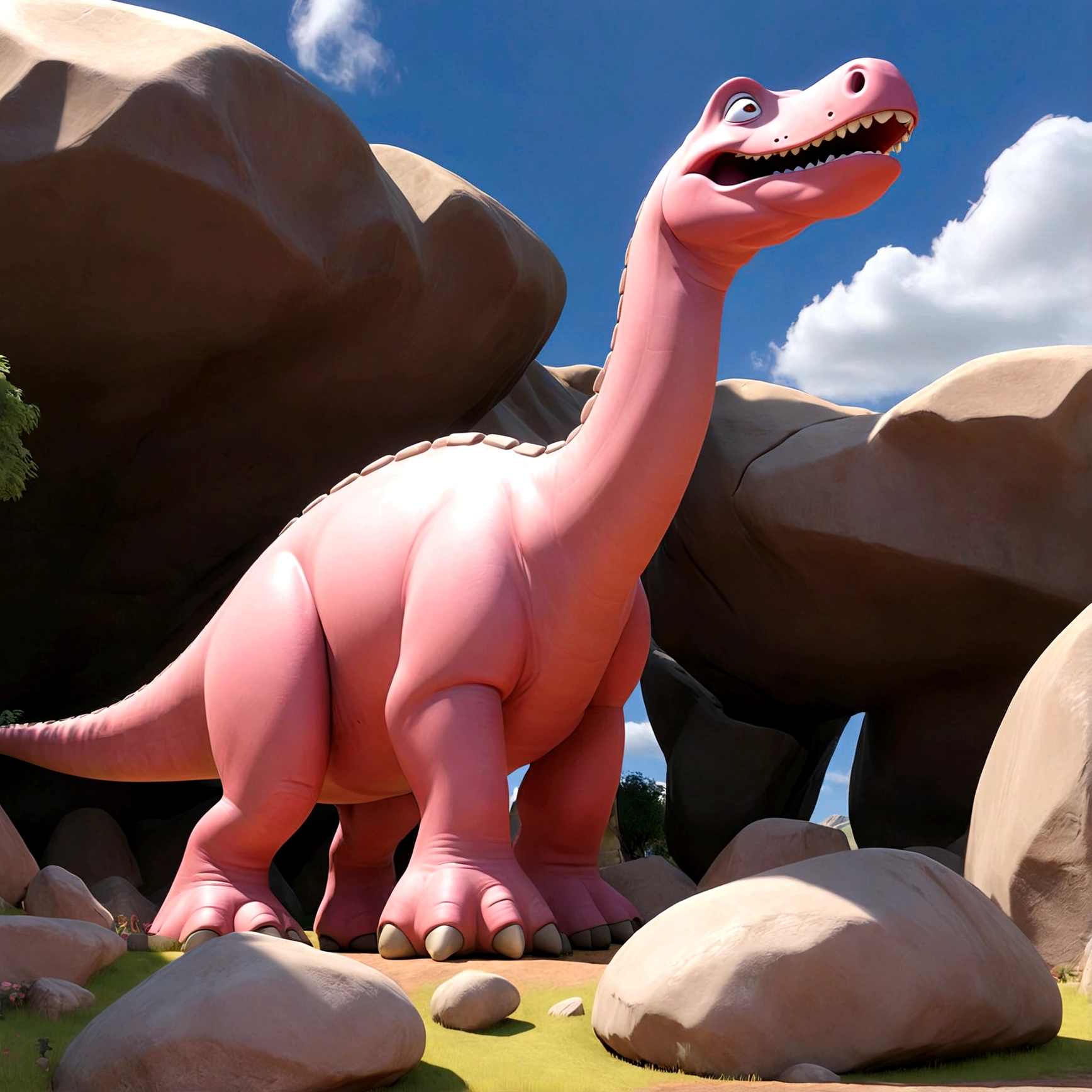 In the town of Bedrock, a pink brontosaurus acts like a crane on a construction site, a cave woman riding on the dinosaurs back directs its activity,. It is lifting and placing shaped boulders using its mouth