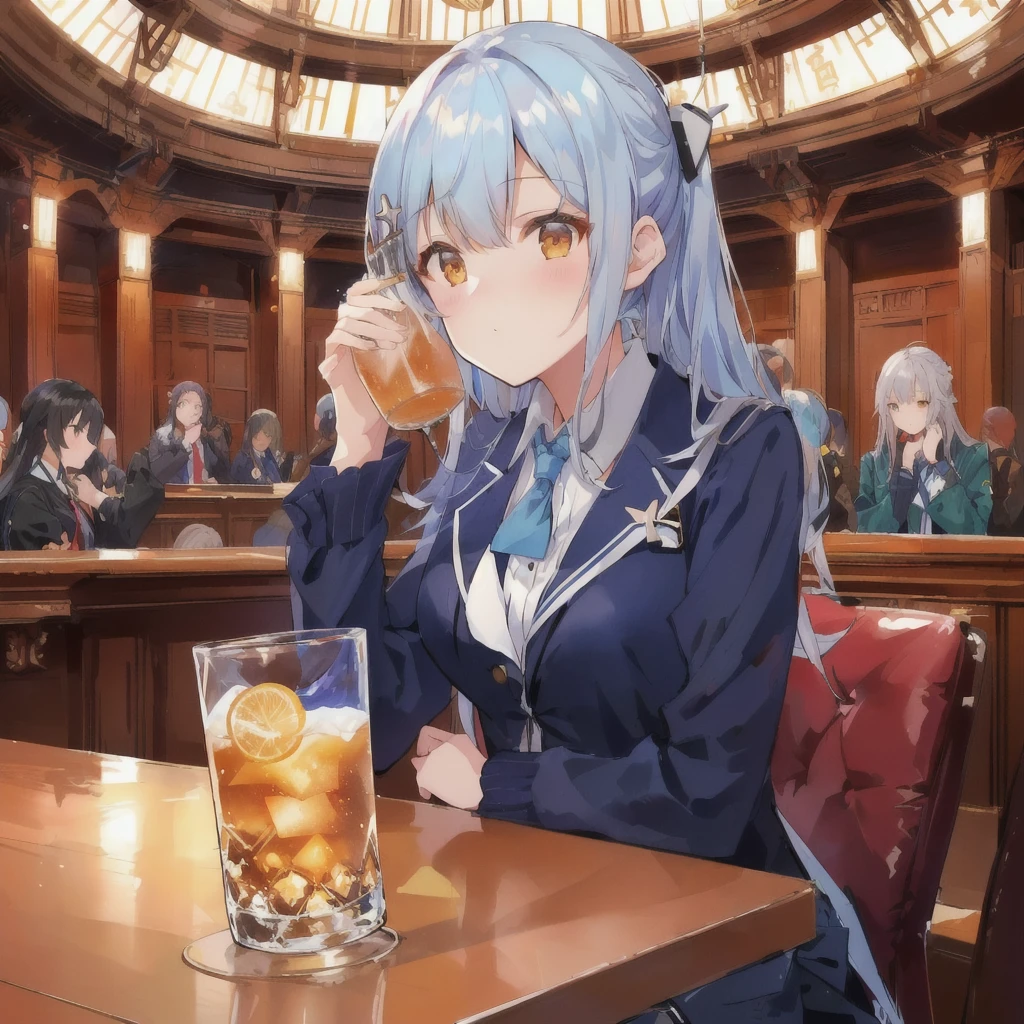 Anime girl drinking sour in parliament,sit in the assembly hall, People behind々is having a discussion,with a drink, Drinking in the assembly hall, Anime girl drinking energy drink, Kantai Collection Style, sitting At the bar, At the bar, At the bar, Holding a drink, Visual Novel CG, Azur Lane Style, Kantai Collection Arcade, Girls Frontline Style