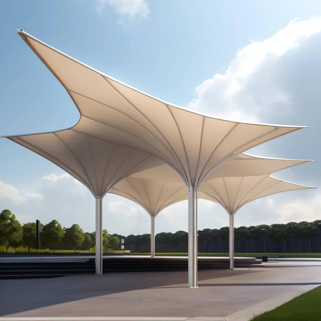 There are many white shade structures on the roadside, Moonlight Rendering, Award-winning shadows, Canopies, overhead Canopy, Covered outdoor stage, tent architecture, Low angle isometric rendering, Detailed rendering, Height Rendering, Calatrava, Rendering in Lumion pro, Rendering in Lumion, Canopy, Concept Rendering, Rendering with V-Ray