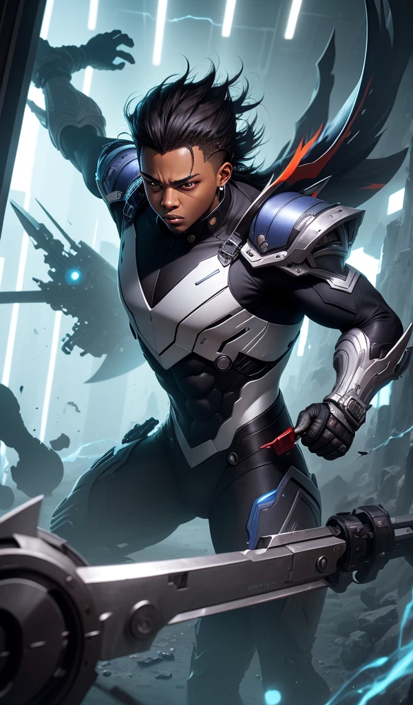 (anime style, high detail, dynamic composition, Blade receiving new weapons from his tech support, innovative and futuristic designs, high-tech lab setting)