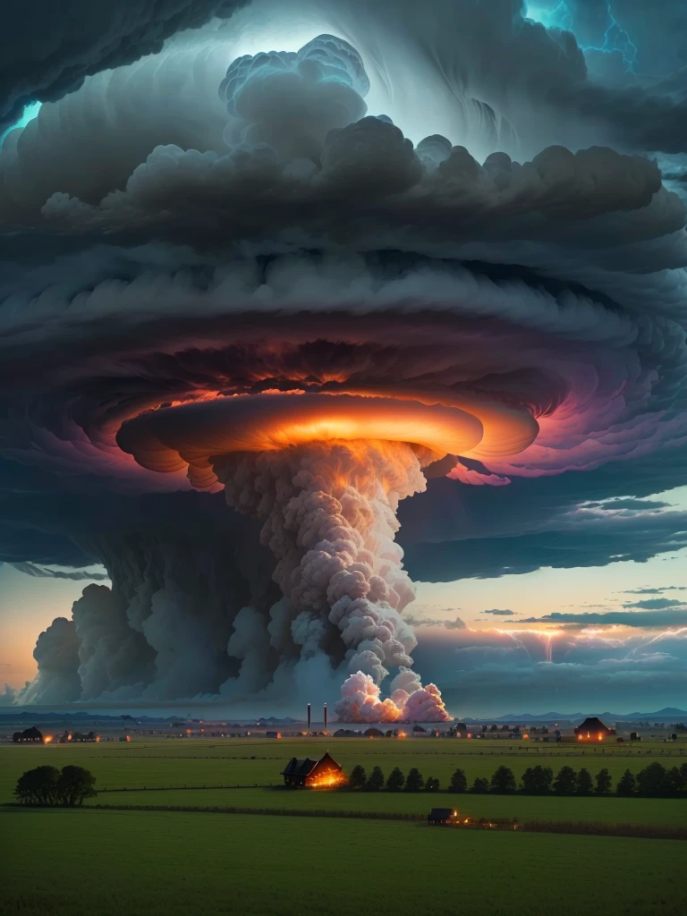 arafed tornado cloud over a field with a house in the distance, nuclear cloud, mushroom cloud, beautiful tornado, huge nuclear mushroom cloud, nuclear mushroom cloud, mushroom cloud on horizon, explosive storm, a massive tornado approaching, nuclear explosion!!!, nuclear mushroom, cloud vortex, nuclear explosion, huge storm, nuclear mushroom smoke, thunderstorm supercell, nuclear bomb explosion