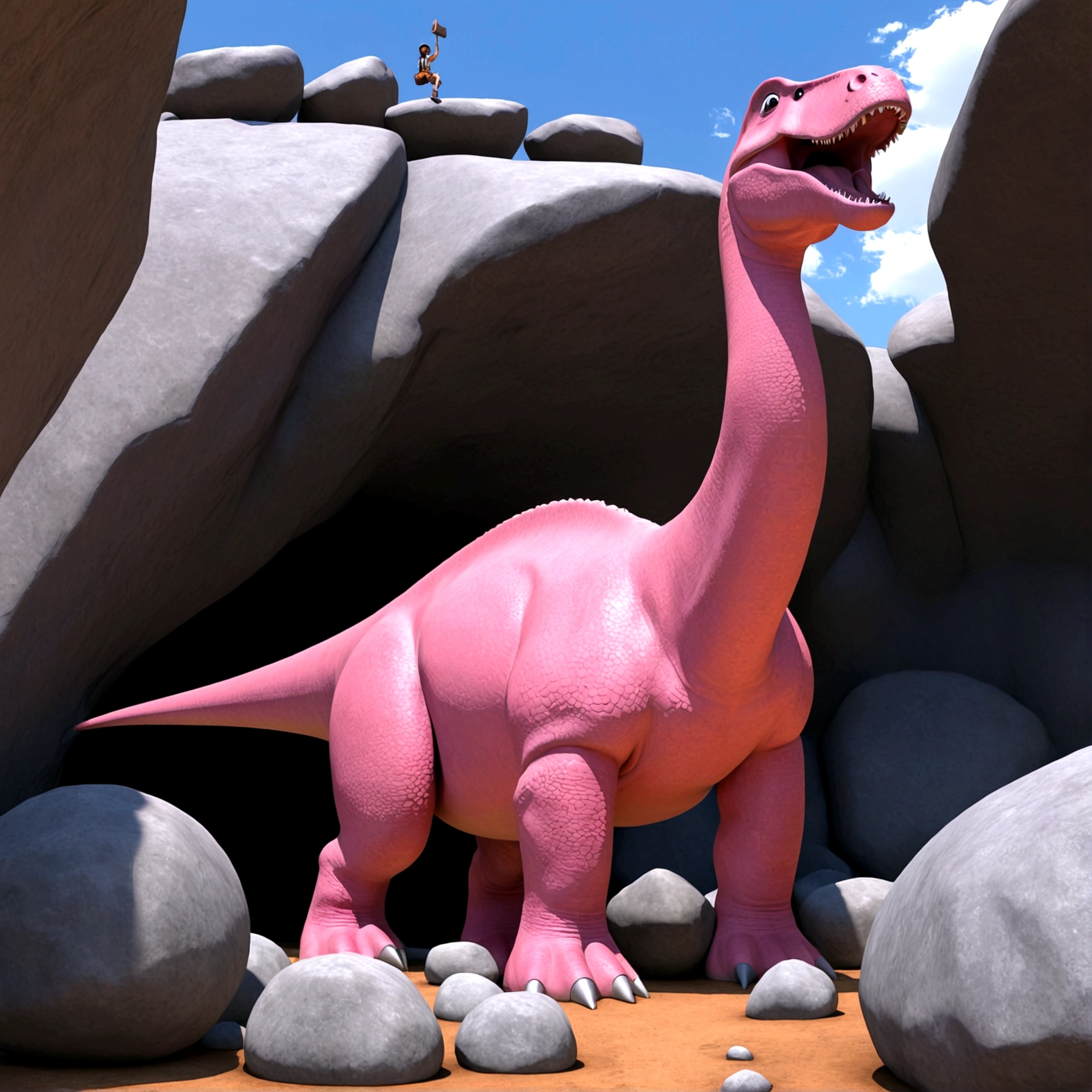 In the town of Bedrock, a pink brontosaurus acts like a crane on a construction site, a cave woman riding on the dinosaurs back directs its activity,. It is lifting and placing shaped boulders using its mouth
