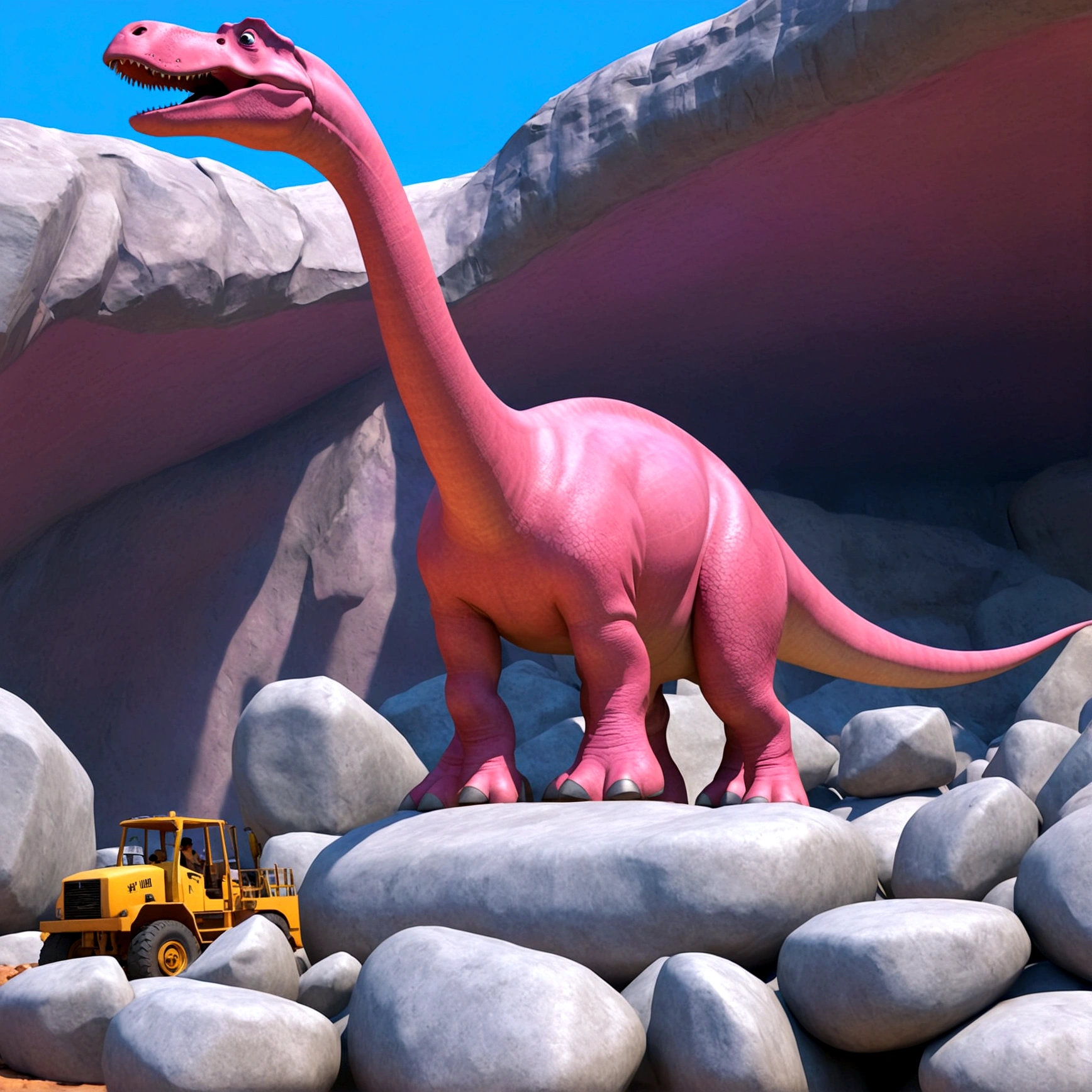 In the town of Bedrock, a pink brontosaurus acts like a crane on a construction site, a cave woman riding on the dinosaurs back directs its activity,. It is lifting and placing shaped boulders using its mouth